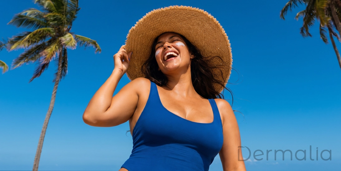 Protector solar facial diario para manchas y piel grasa Mujer aplicando protector solar facial SPF 50+ para prevenir manchas y fotoenvejecimiento