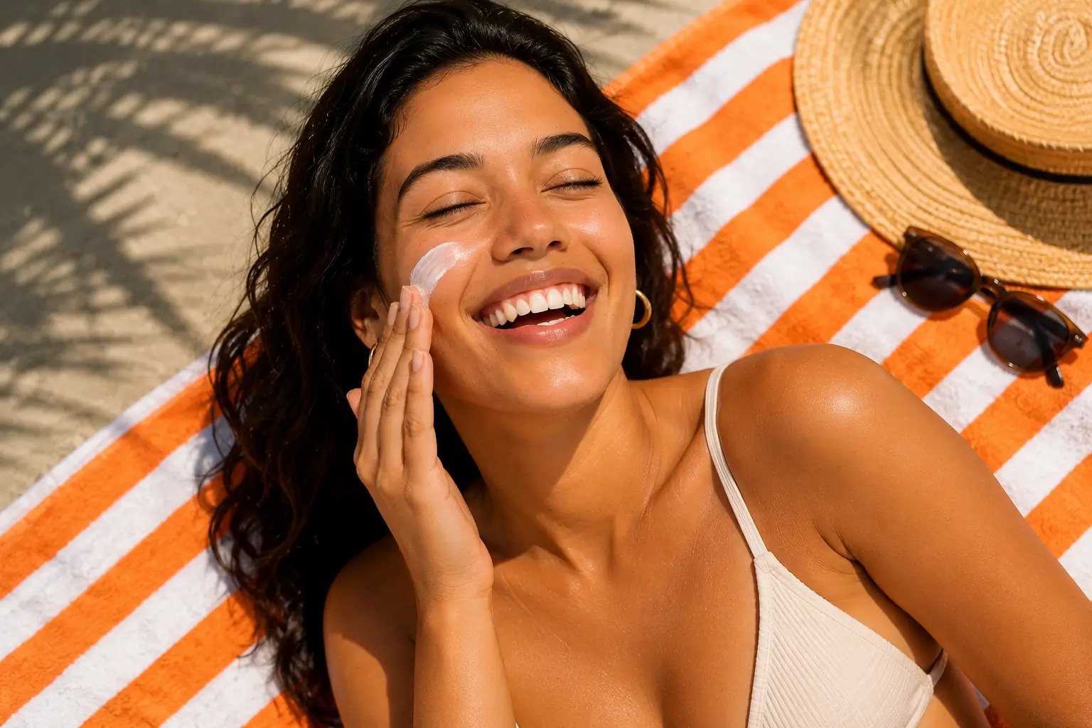 Protección solar y cuidado de la piel en vacaciones de verano con estilo beach aesthetic y look dermatológico. Mujer aplicándose protector solar durante un día de verano en la playa con estética cálida y colores inspirados en Trioximed.