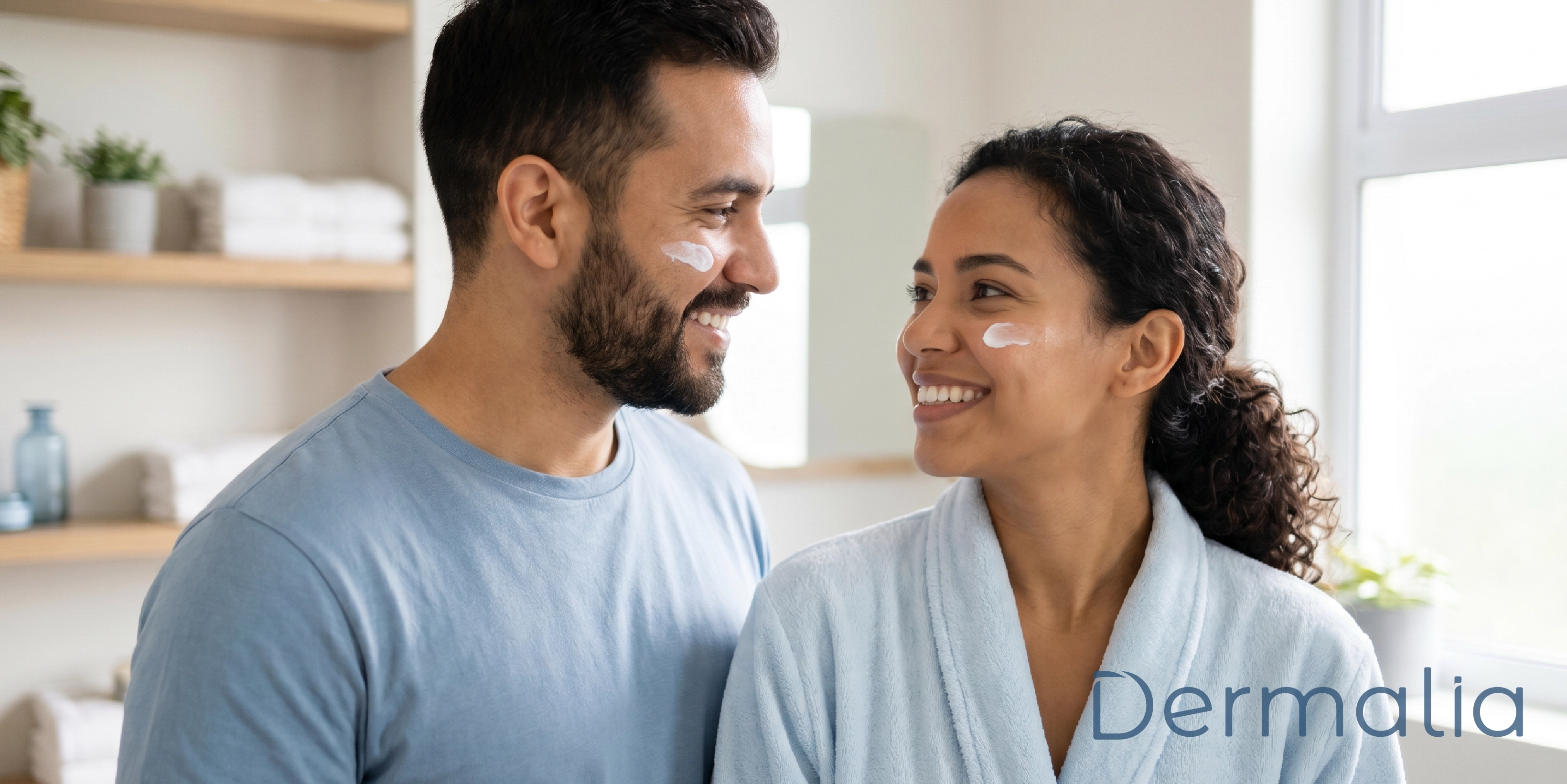 Pareja realizando una rutina de skincare para mantener la piel hidratada y saludable.