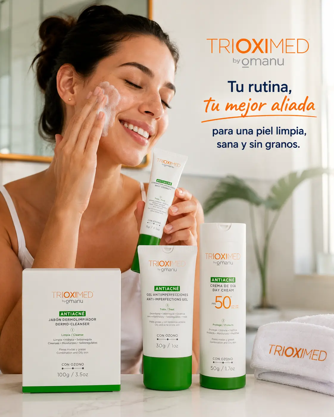 Rutina antiacné Trioximed by Omanu para una piel limpia y sin granos. Mujer aplicando productos antiacné Trioximed by Omanu en una rutina de skincare para piel grasa y acneica con jabón dermolimpiador, gel antiimperfecciones y crema FPS 50.