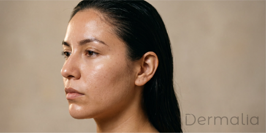 Apariencia común de la piel grasa y el exceso de sebo. Mujer con piel grasa mostrando textura brillante y oleosa en el rostro.