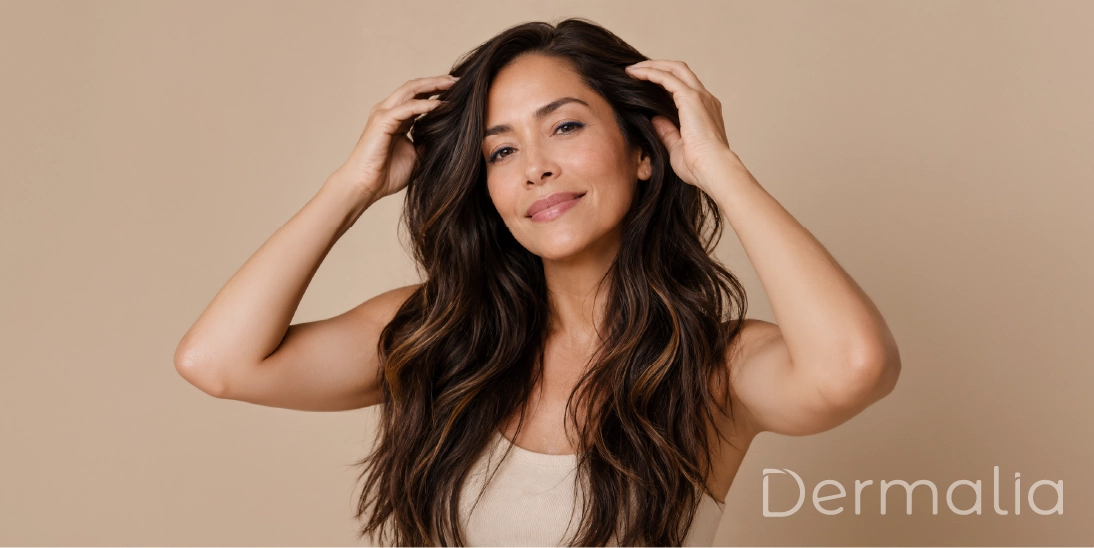 Señales de alopecia y pérdida de densidad capilar en mujeres. Mujer con cabello largo y saludable revisando la densidad capilar ante signos de caída del cabello o alopecia.
