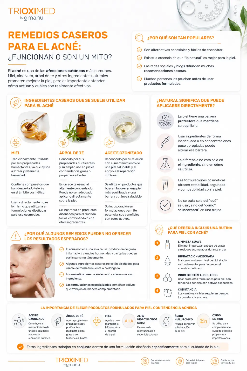 Remedios caseros para el acné: beneficios, limitaciones y cuidado dermatológico. Infografía sobre remedios caseros para el acné, ingredientes naturales y recomendaciones para el cuidado de la piel con tendencia acneica.