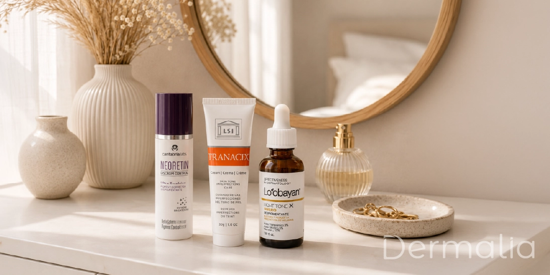 Productos para manchas en la piel con ácido tranexámico, vitamina C y ácido glicólico.