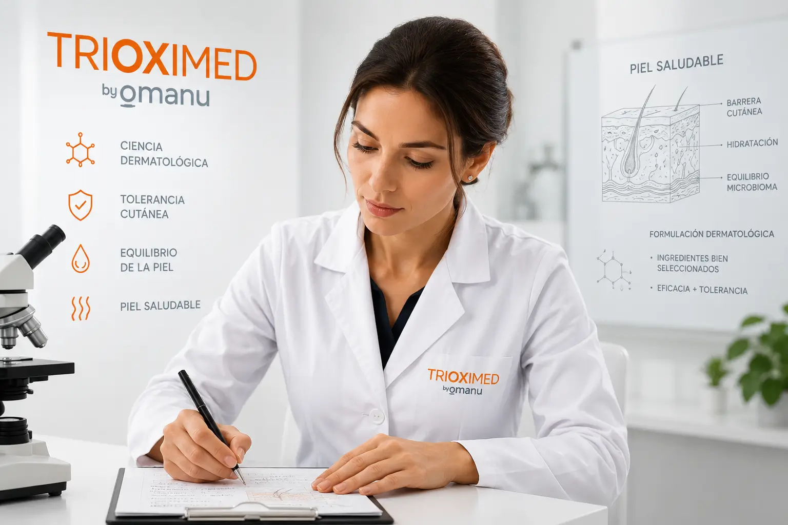 Científica dermatológica analizando procesos de evaluación y tolerancia cutánea en laboratorio.