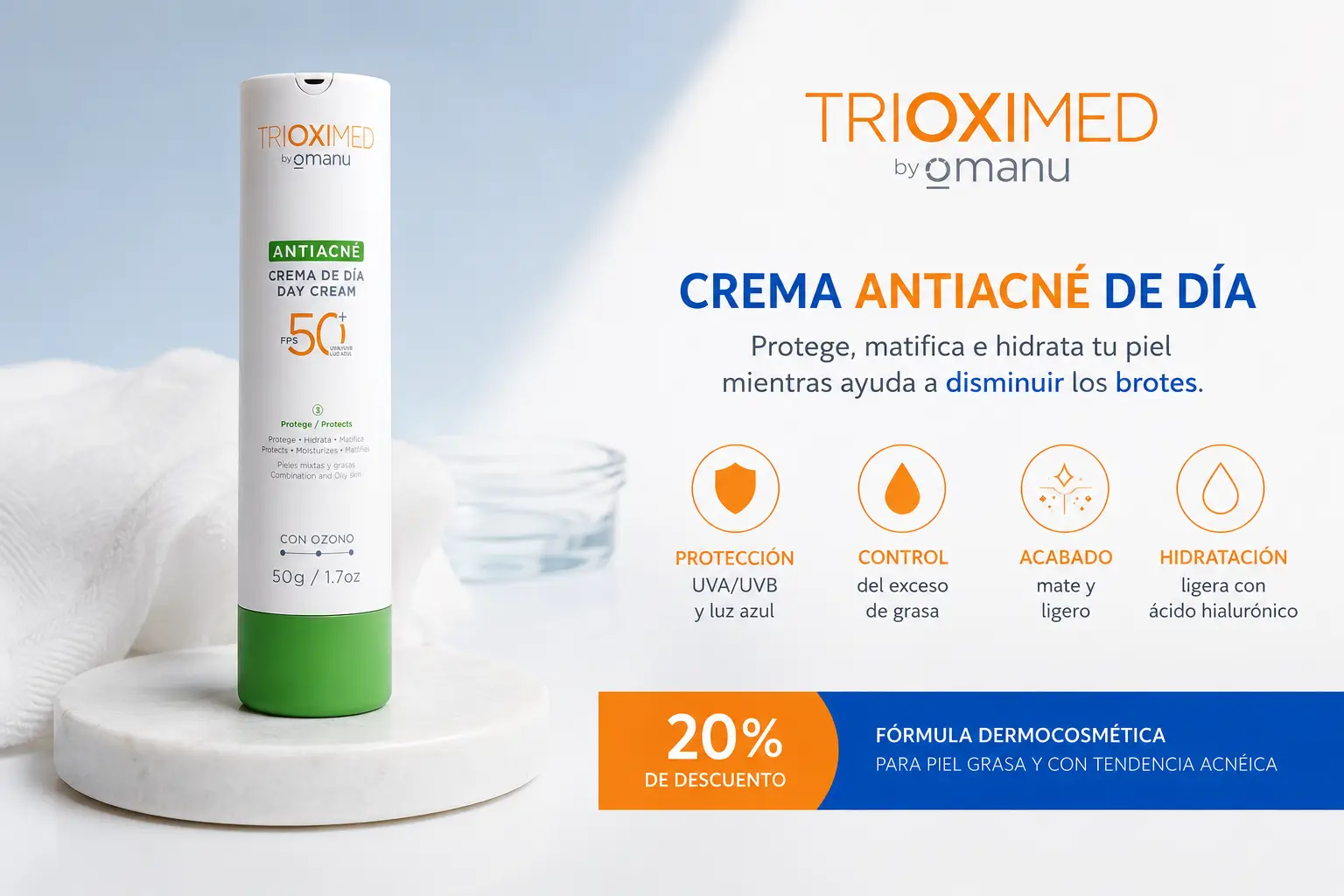 Trioximed Antiacné Crema de Día FPS 50+ para piel grasa y brotes. Crema antiacné de día Trioximed con FPS 50+ para piel grasa y con tendencia acneica, con acabado mate e hidratación ligera.