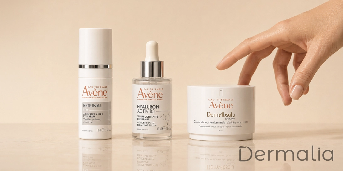 Productos Avène para rutina de skincare anti edad con ácido hialurónico, crema reafirmante y cuidado del contorno de ojos