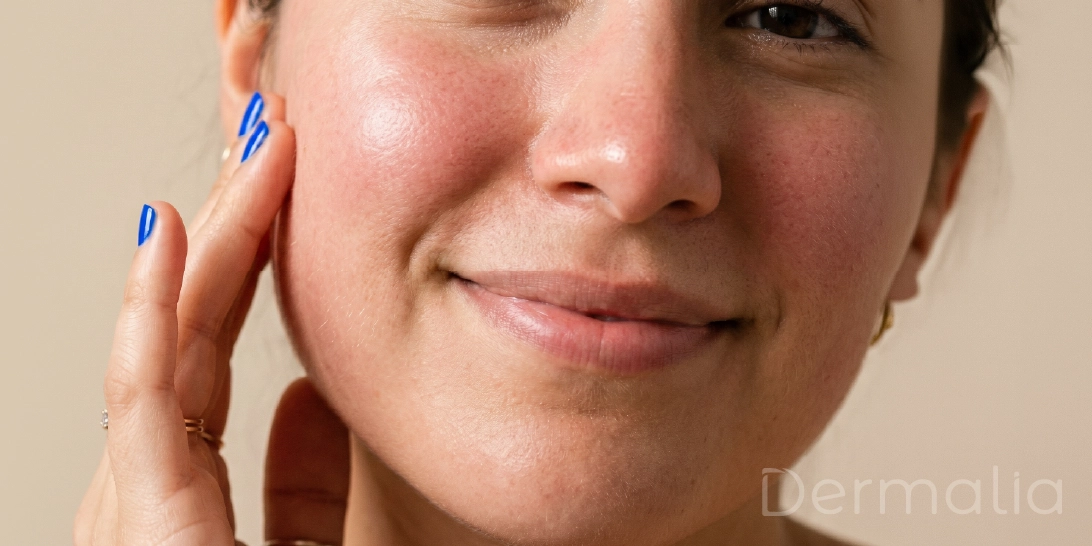 Piel con rosácea hidratada después de una rutina calmante para sensibilidad facial.
