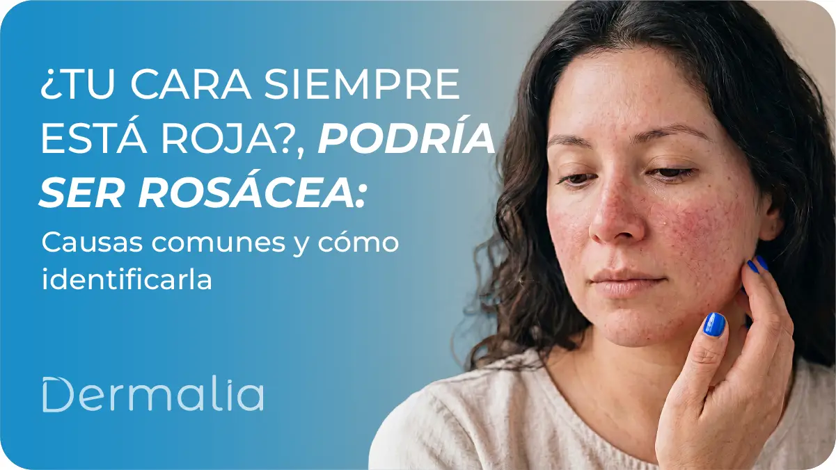 Mujer con enrojecimiento facial y rosácea en mejillas explicando causas, síntomas y cuidados para piel sensible.
