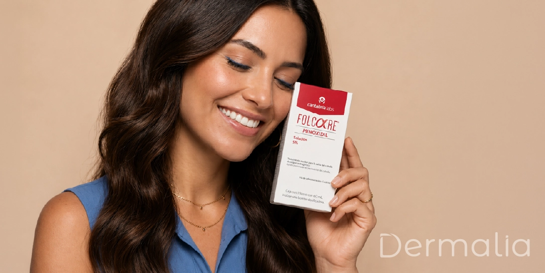 Mujer sosteniendo Folcare Minoxidil Solución 5% para el tratamiento de la alopecia androgenética y la caída del cabello.