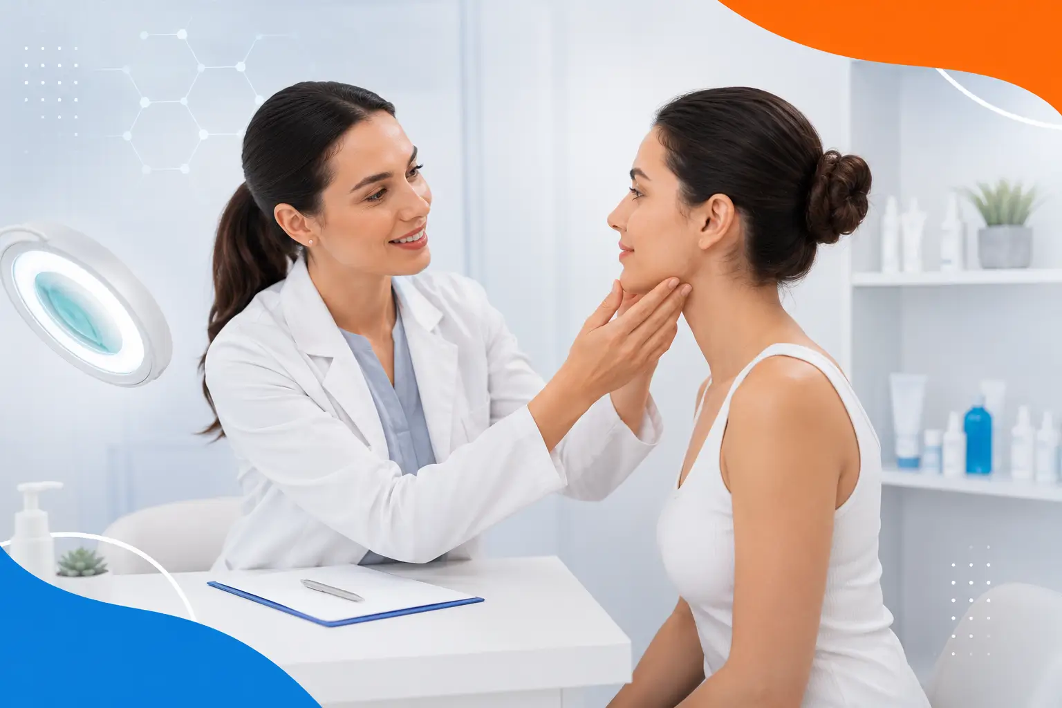 Dermatóloga realizando una valoración facial a una paciente para apoyar la regeneración natural de la piel.