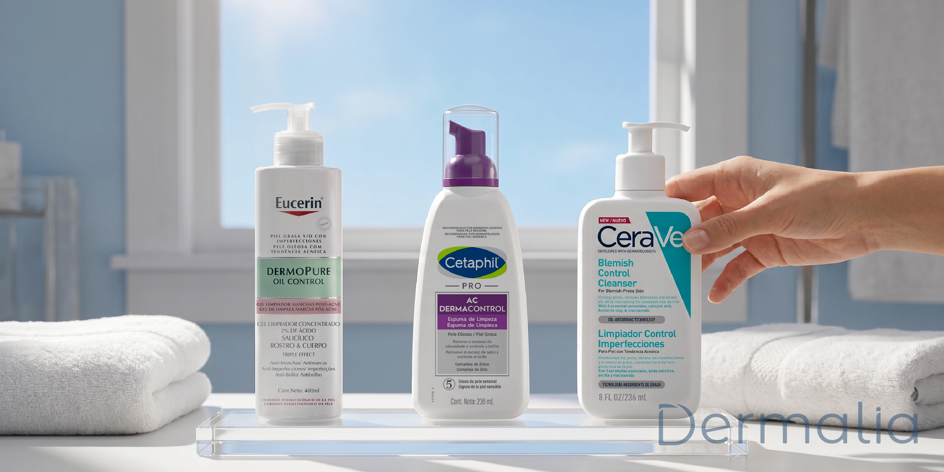 Productos de limpieza facial para piel grasa y con tendencia al acné diseñados para controlar el brillo y las imperfecciones.