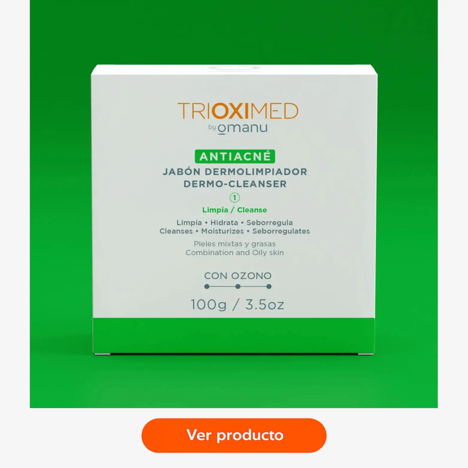 Jabón Dermolimpiador Antiacné Trioximed con ozono de 100 g para piel grasa, mixta y con tendencia acneica.