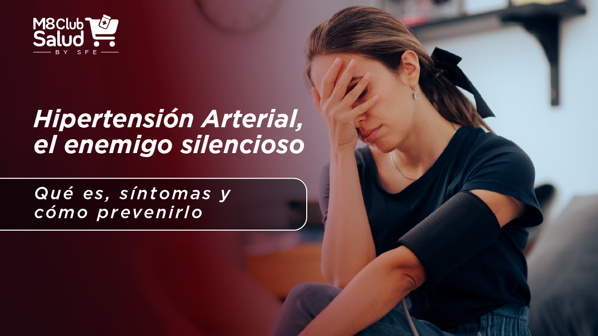 Mujer con malestar y presión arterial alta en portada sobre hipertensión arterial y síntomas relacionados con la presión alta.