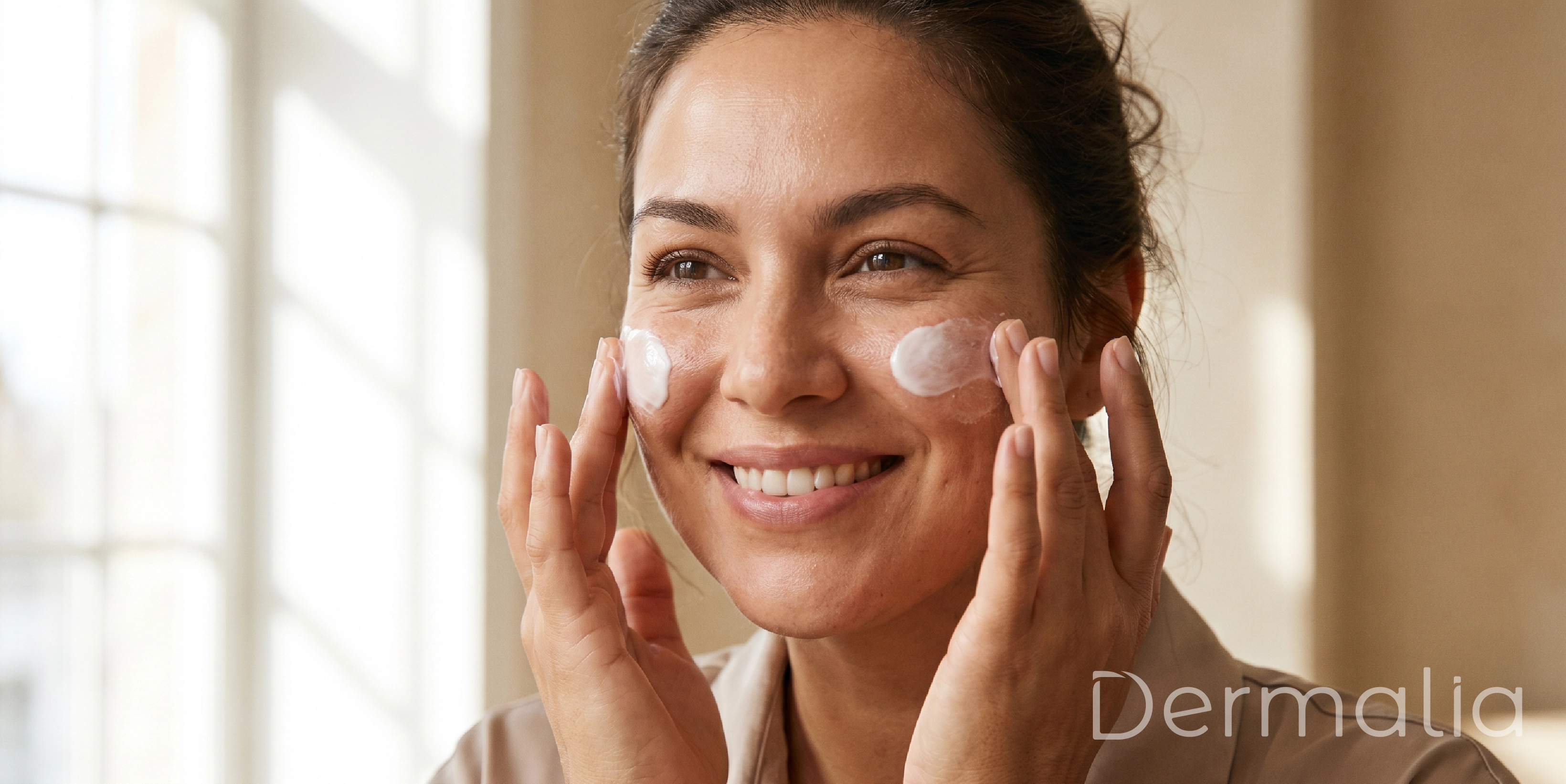 Mujer aplicando crema hidratante facial para mejorar la hidratación y el confort de la piel durante el día.