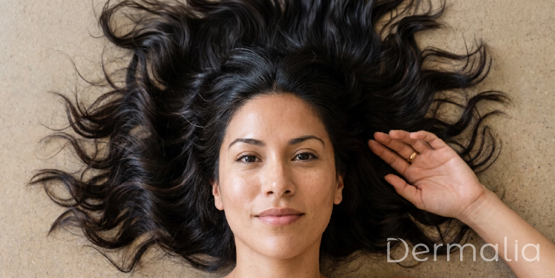 Mujer con cabello largo y abundante mostrando densidad capilar en artículo sobre alopecia y minoxidil 5%
