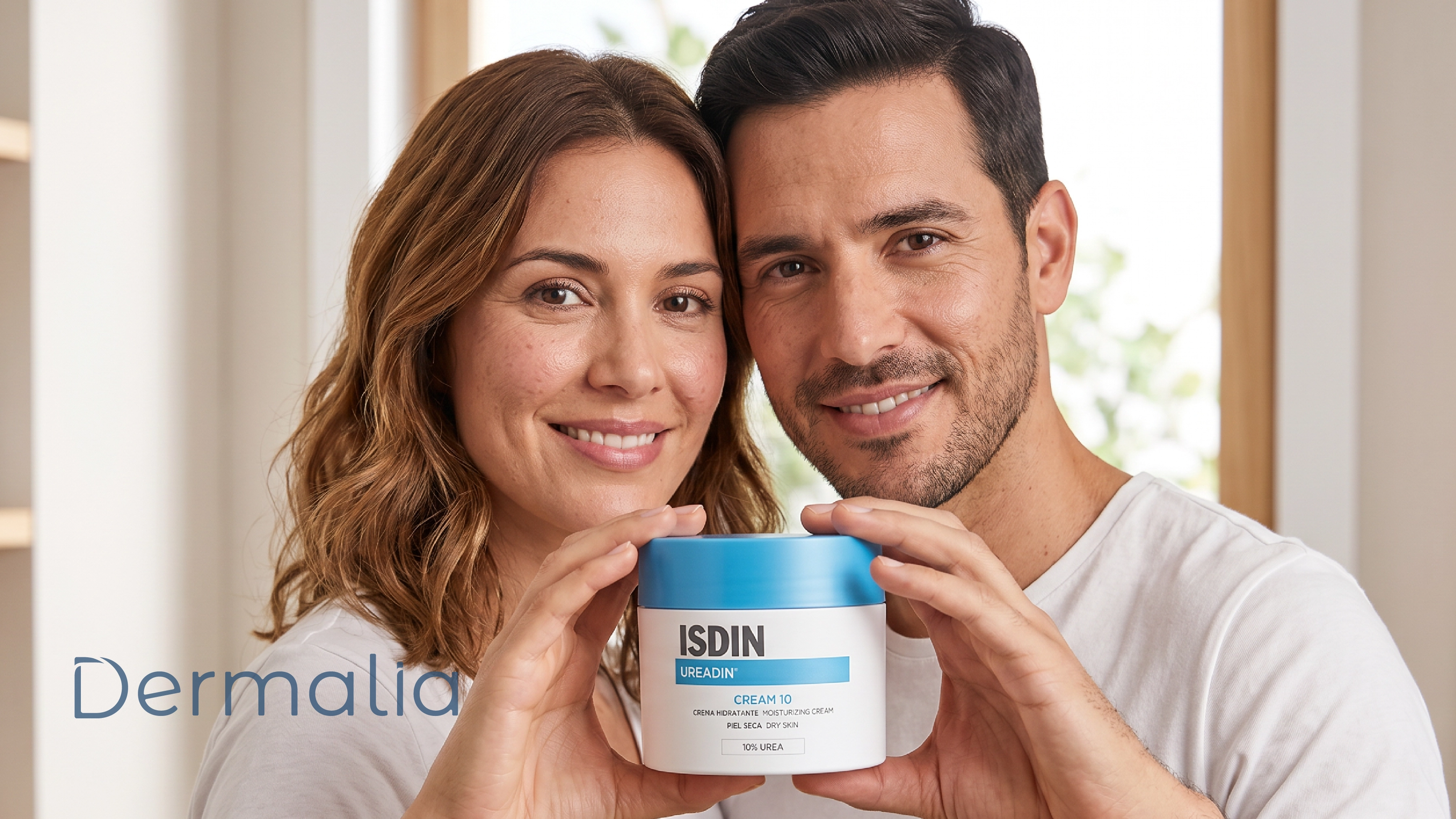 Pareja mostrando crema hidratante con urea para piel seca y deshidratada.