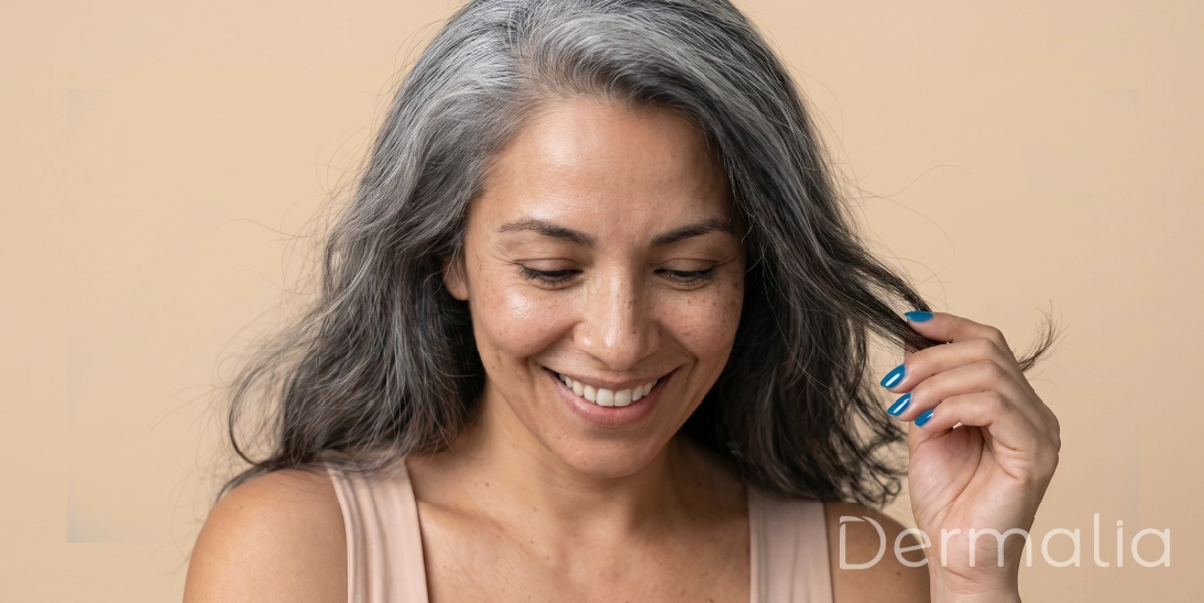 Piel saludable y luminosa durante el envejecimiento facial. Mujer con canas naturales mostrando una piel saludable y luminosa con el paso del tiempo.