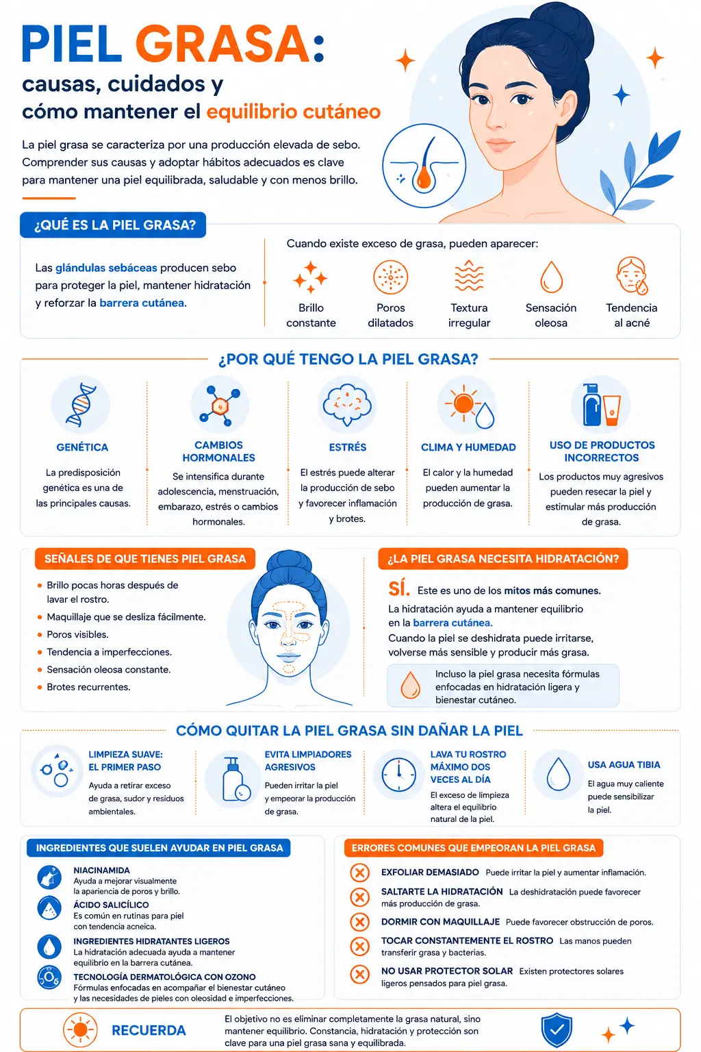 Piel grasa: causas, cuidados y cómo mantener el equilibrio cutáneo. Infografía sobre piel grasa con causas, señales, hidratación y rutina dermatológica para mantener el equilibrio cutáneo.
