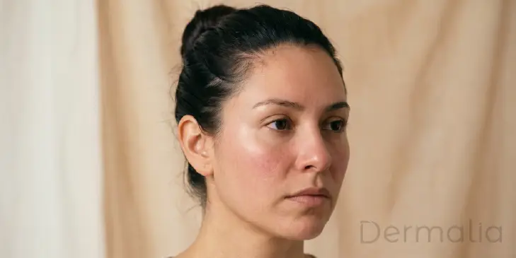 Mujer con piel sensible y enrojecimiento facial leve en mejillas antes de rutina dermatológica.