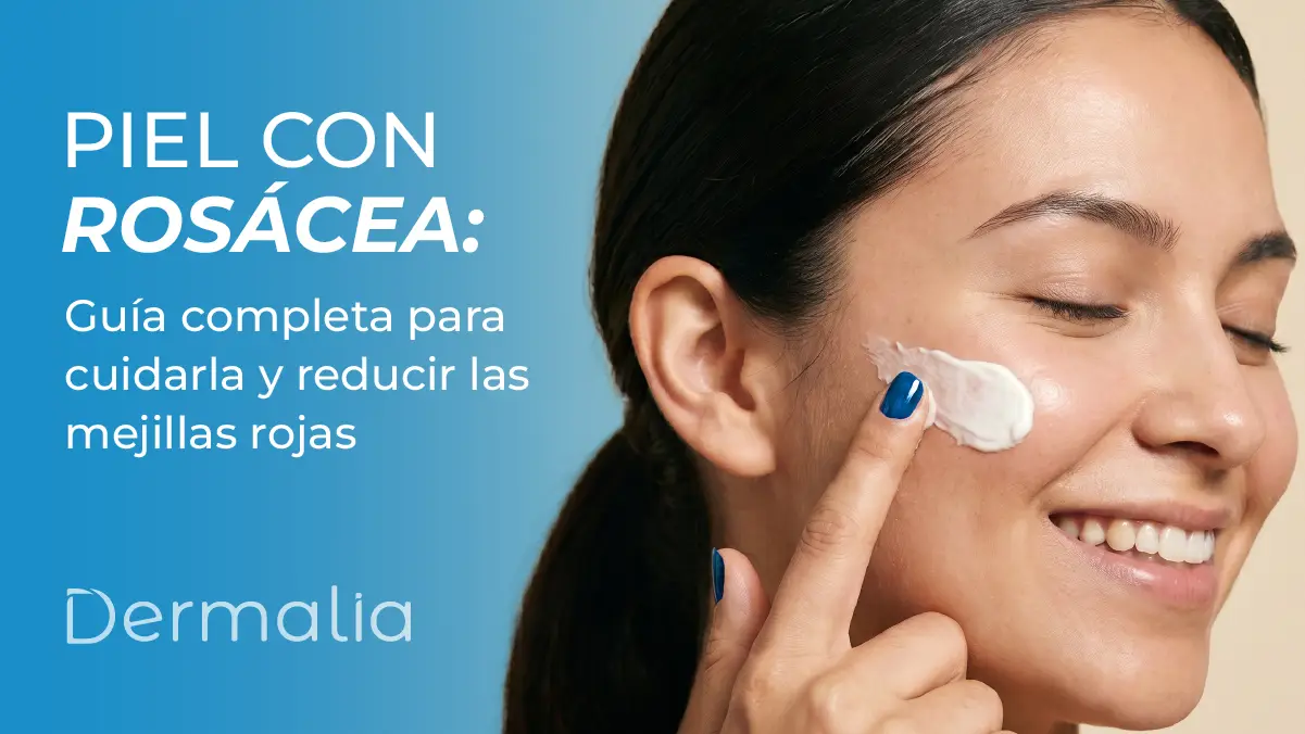 Mujer aplicando crema facial para piel con rosácea y mejillas rojas como parte de una rutina para disminuir el enrojecimiento facial.