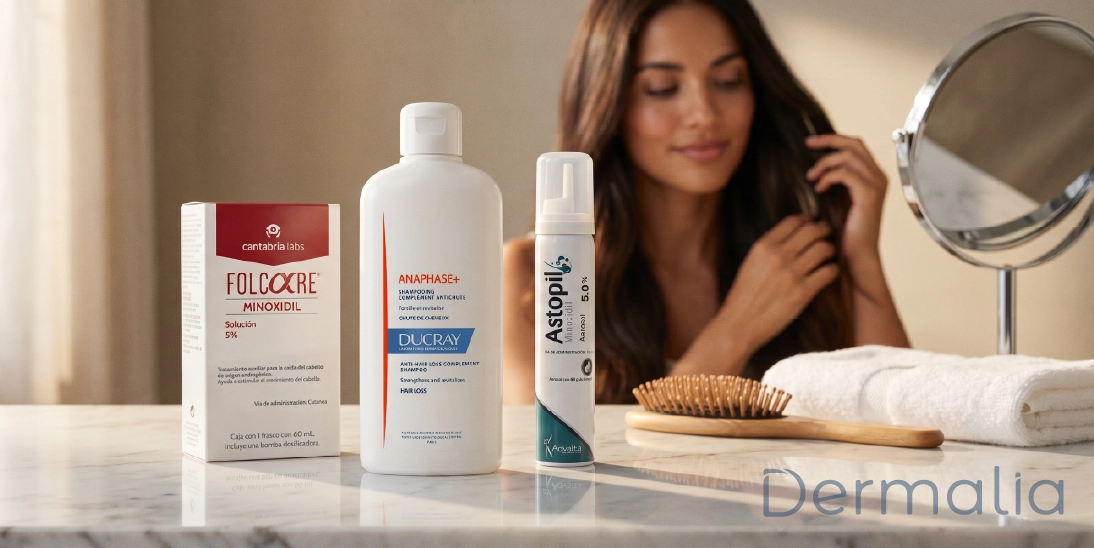 Productos para la caída del cabello y crecimiento capilar junto a una mujer con cabello largo en un entorno de cuidado personal.