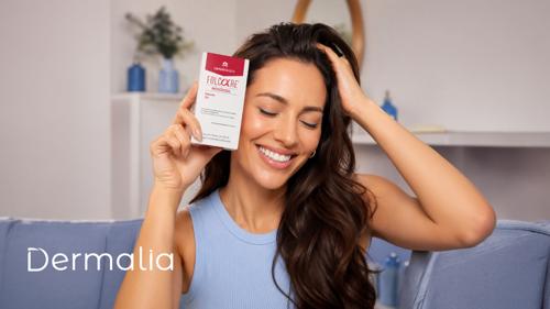 Mujer sonriendo mientras sostiene un tratamiento para la caída del cabello en un entorno doméstico.