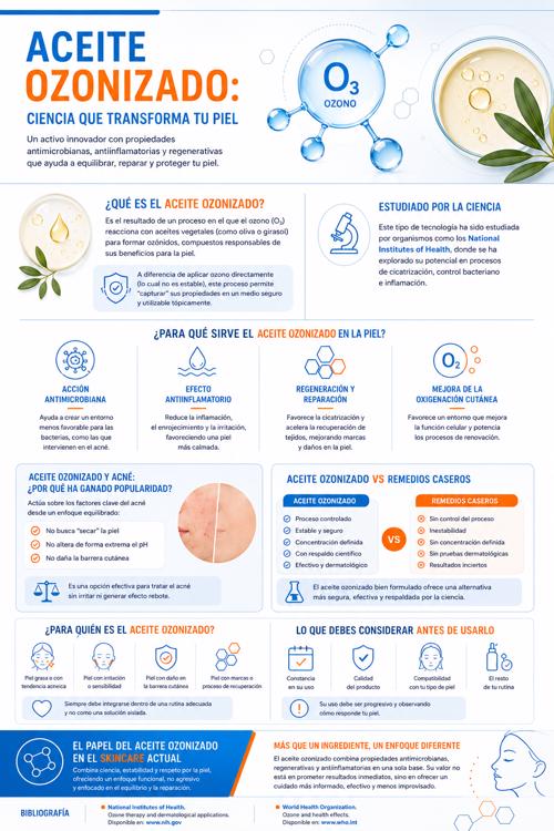 Aceite ozonizado: beneficios, propiedades y uso en el skincare para piel con acné. Infografía dermatológica sobre el aceite ozonizado y sus beneficios para la piel, incluyendo acción antimicrobiana, regeneración cutánea y apoyo en piel con acné.