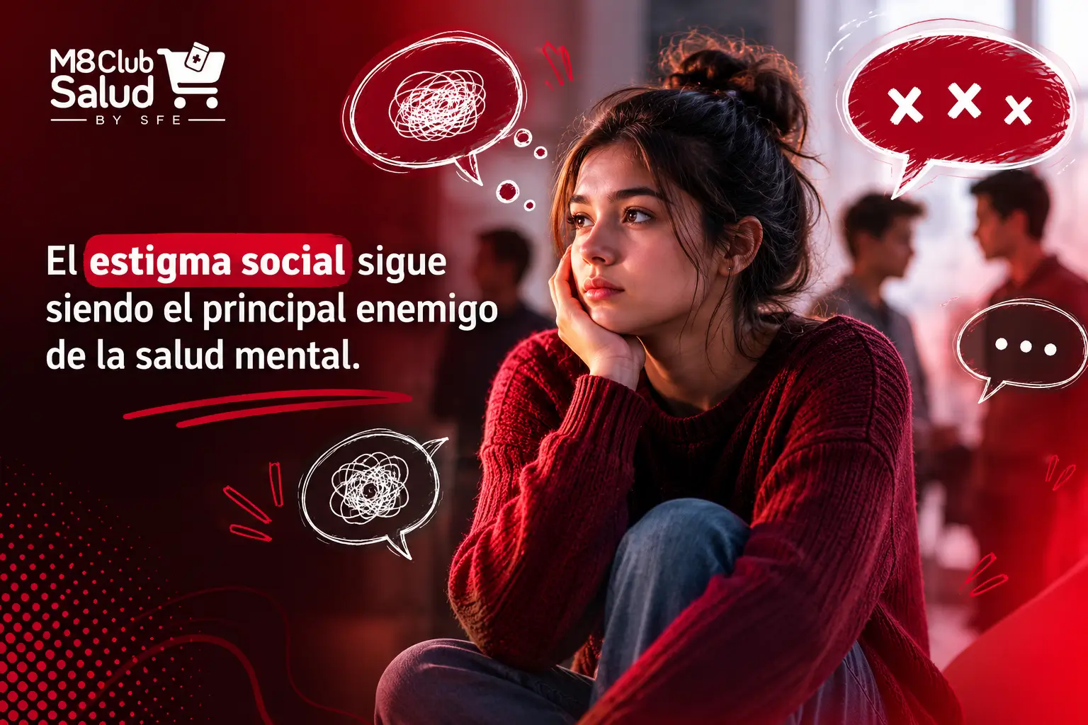 Mujer reflexionando sobre el impacto del estigma social en la salud mental y la importancia de buscar ayuda profesional.