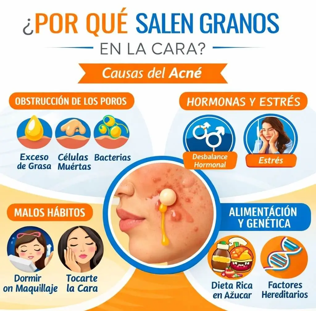 Infografía sobre las causas de los granos en la frente, incluyendo exceso de grasa, cambios hormonales, estrés y obstrucción de los poros.