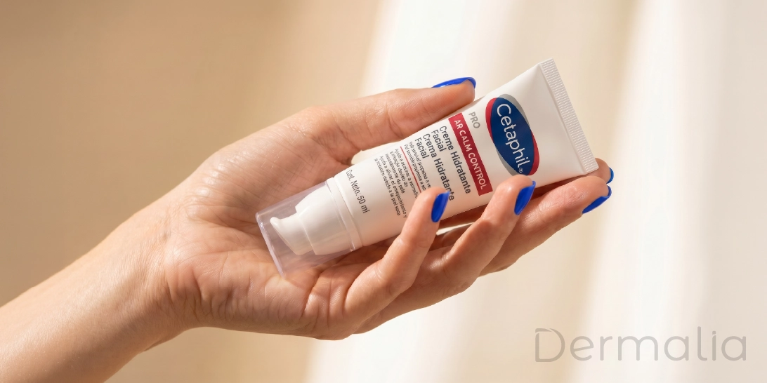 Crema hidratante para rosácea y piel sensible sostenida en la mano.