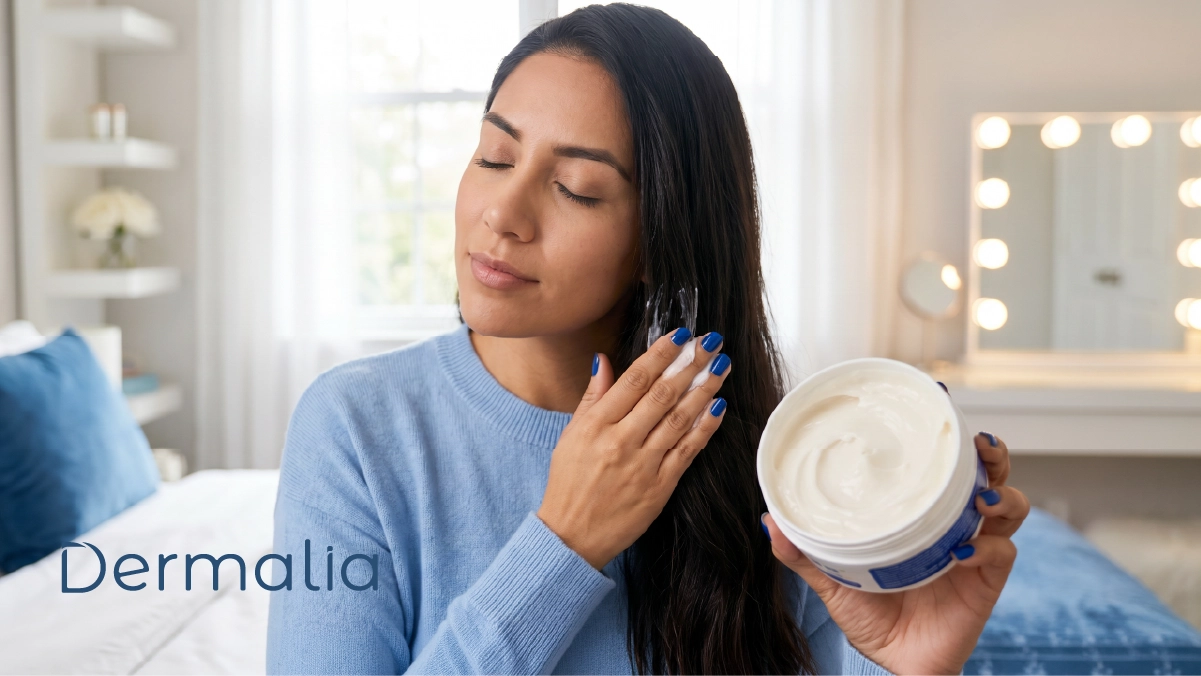 Mujer aplicando una crema capilar sobre su cabello durante una rutina de cuidado para fortalecer y mejorar su apariencia.