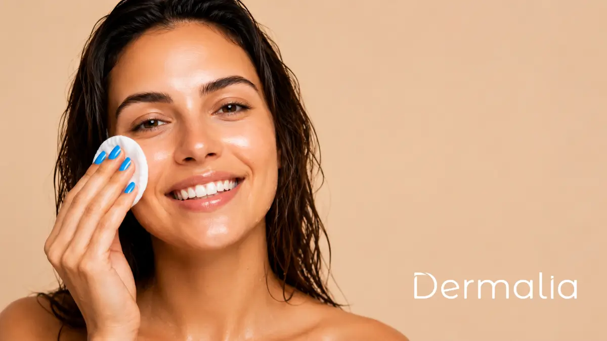 Limpieza facial paso a paso según las necesidades de cada tipo de piel. Mujer retirando impurezas del rostro con un disco de algodón como parte de su rutina de limpieza facial.