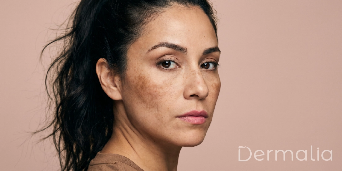Mujer con manchas faciales y pigmentación irregular asociada a melasma y daño solar acumulado.