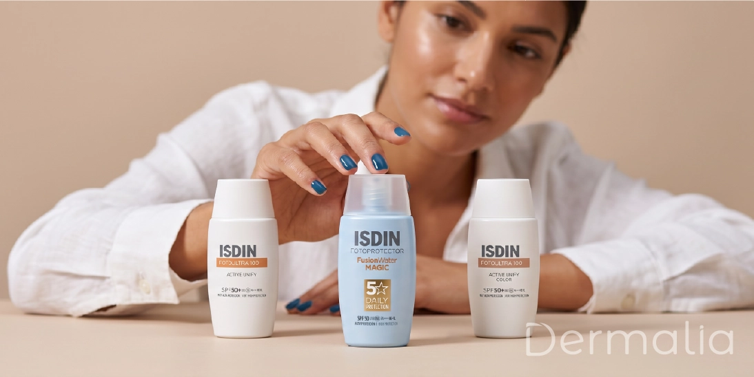 Protectores solares ISDIN recomendados para piel grasa y manchas | Dermalia. Protectores solares ISDIN SPF 50+ para piel grasa y con manchas con acabado ligero y protección diaria.