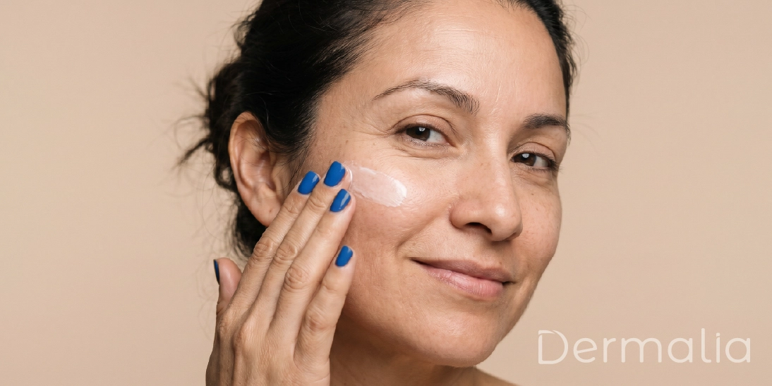 Rutina facial para prevenir el envejecimiento prematuro. Mujer aplicando crema facial para prevenir arrugas y pérdida de luminosidad en la piel.