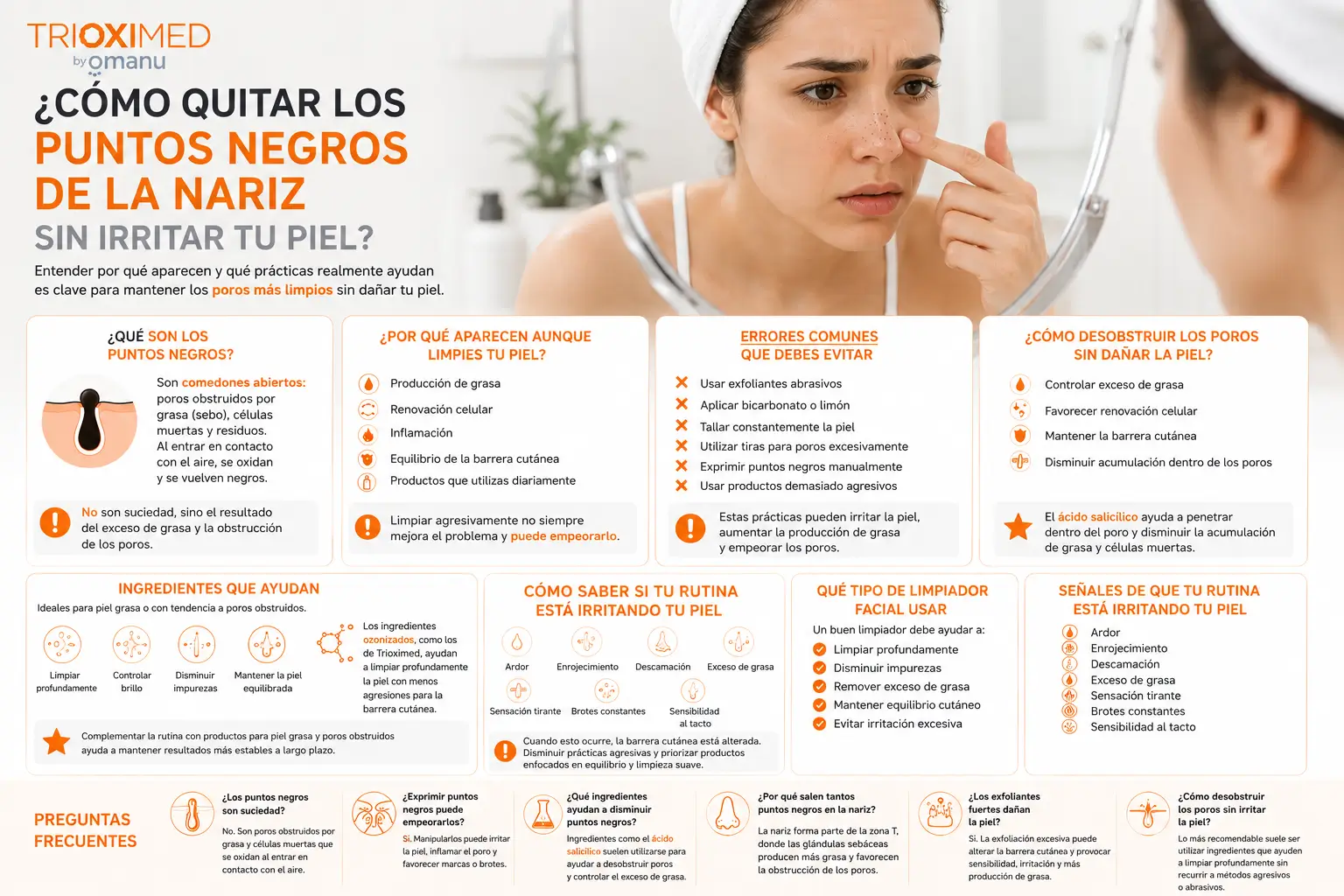 Guía visual para eliminar puntos negros de la nariz sin dañar la barrera cutánea.