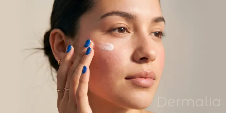 Mujer aplicando crema facial para piel sensible y enrojecimiento facial.