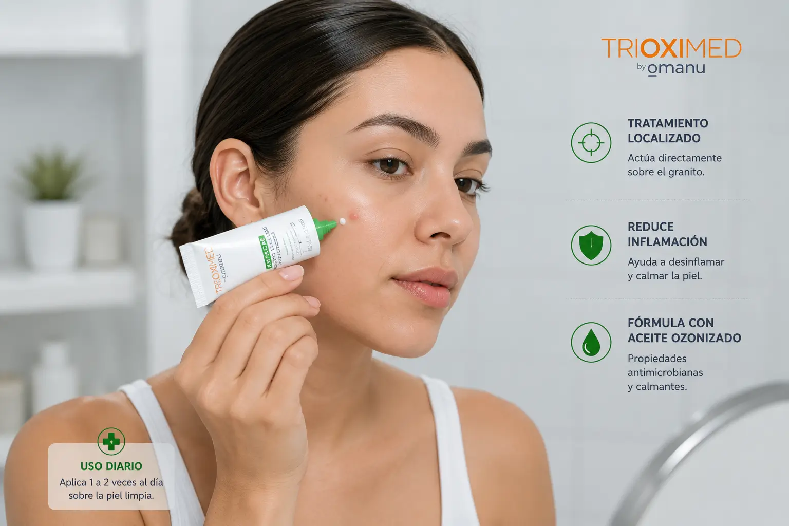 Aplicación del Corrector Localizado Antiacné de Trioximed para reducir granitos e inflamación de forma localizada. Persona aplicando el Corrector Localizado Antiacné de Trioximed sobre un granito, en una rutina de skincare con enfoque dermatológico y cuidado localizado de la piel.