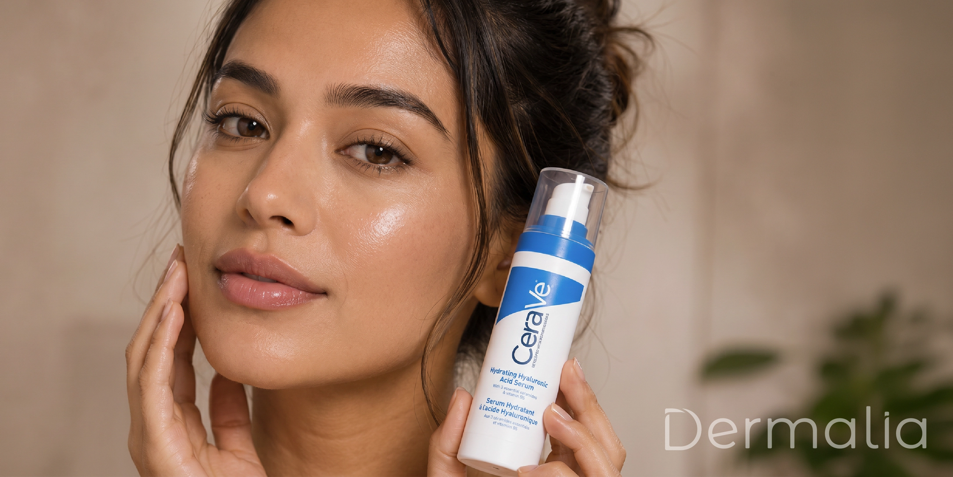 Mujer aplicando su rutina de skincare frente al espejo con un sérum hidratante con ácido hialurónico CeraVe.