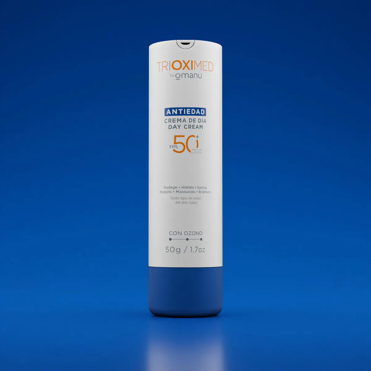 Crema Antiedad de Día FPS 50+ de Trioximed con aceite ozonizado para proteger, hidratar e iluminar la piel.