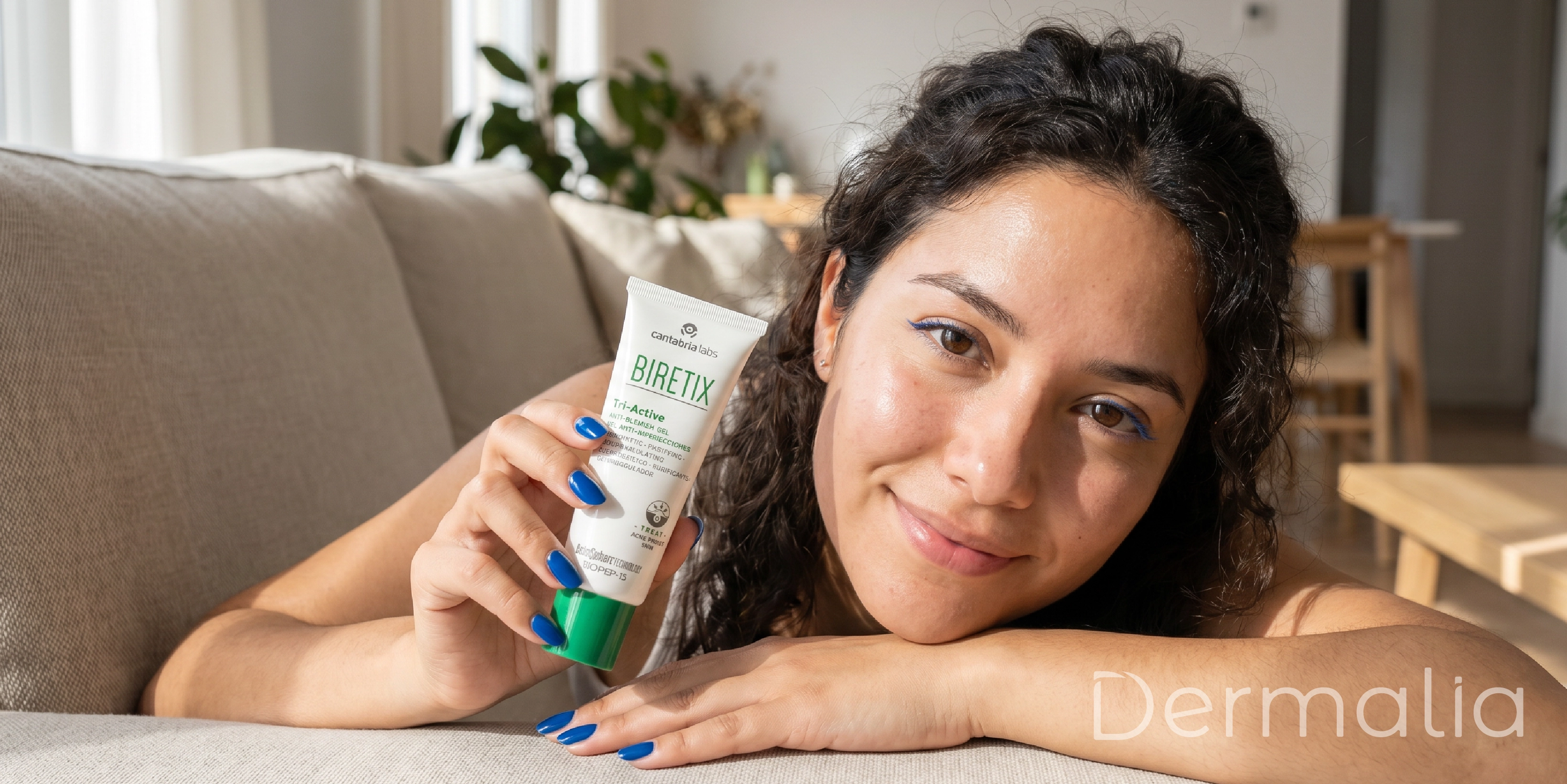 Mujer sosteniendo Biretix Triactive Gel, un gel facial con ácido salicílico, ácido glicólico y niacinamida para piel grasa con tendencia acneica.