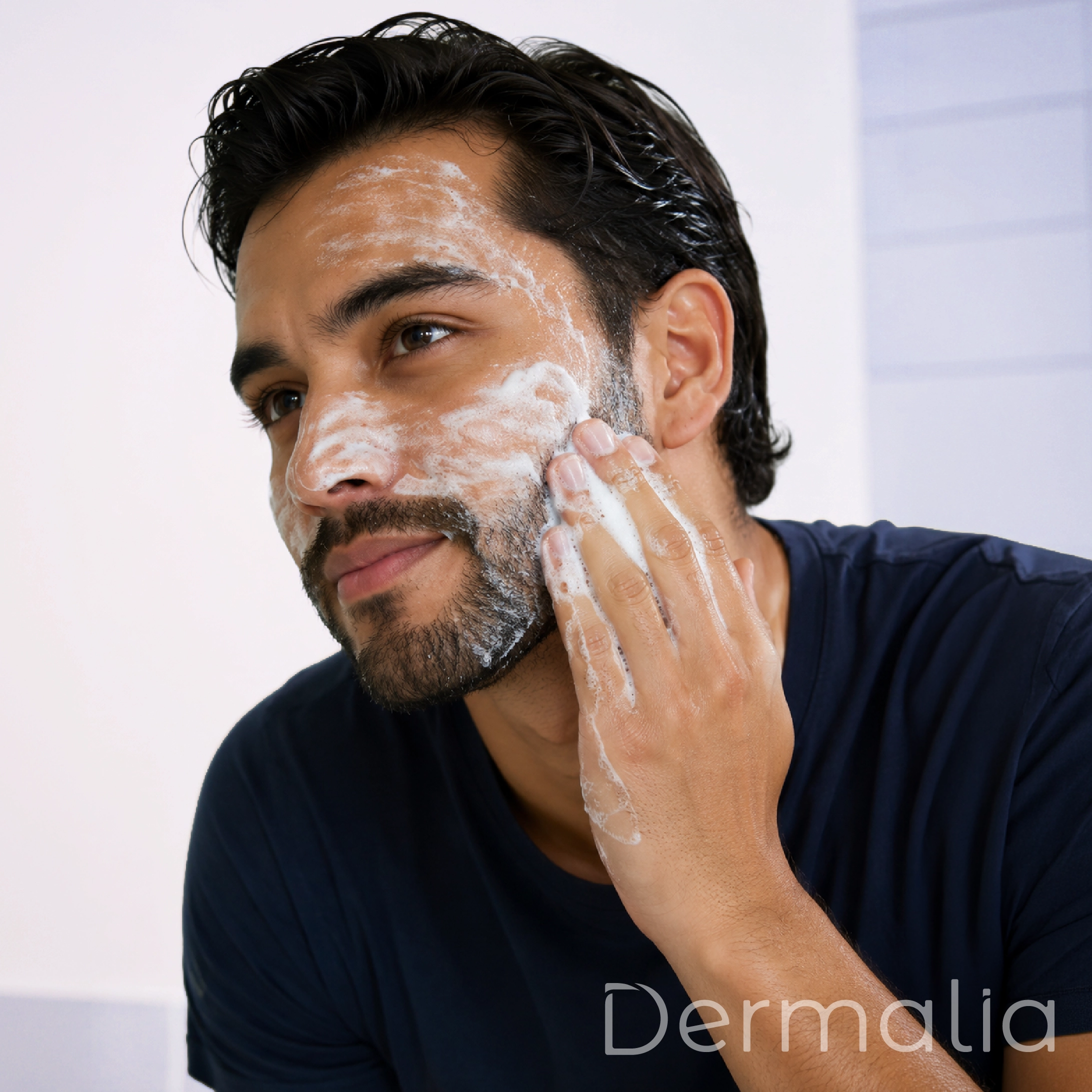 Hombre aplicando limpiador facial espumoso durante su rutina de limpieza para mantener la piel limpia y saludable.