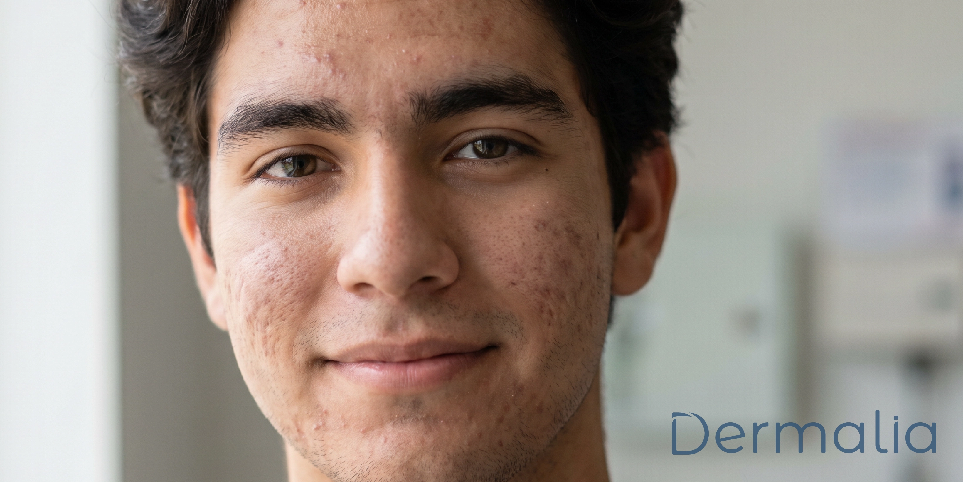 Joven con acné facial visible y lesiones inflamatorias en mejillas y frente, representando una piel con tendencia acneica.