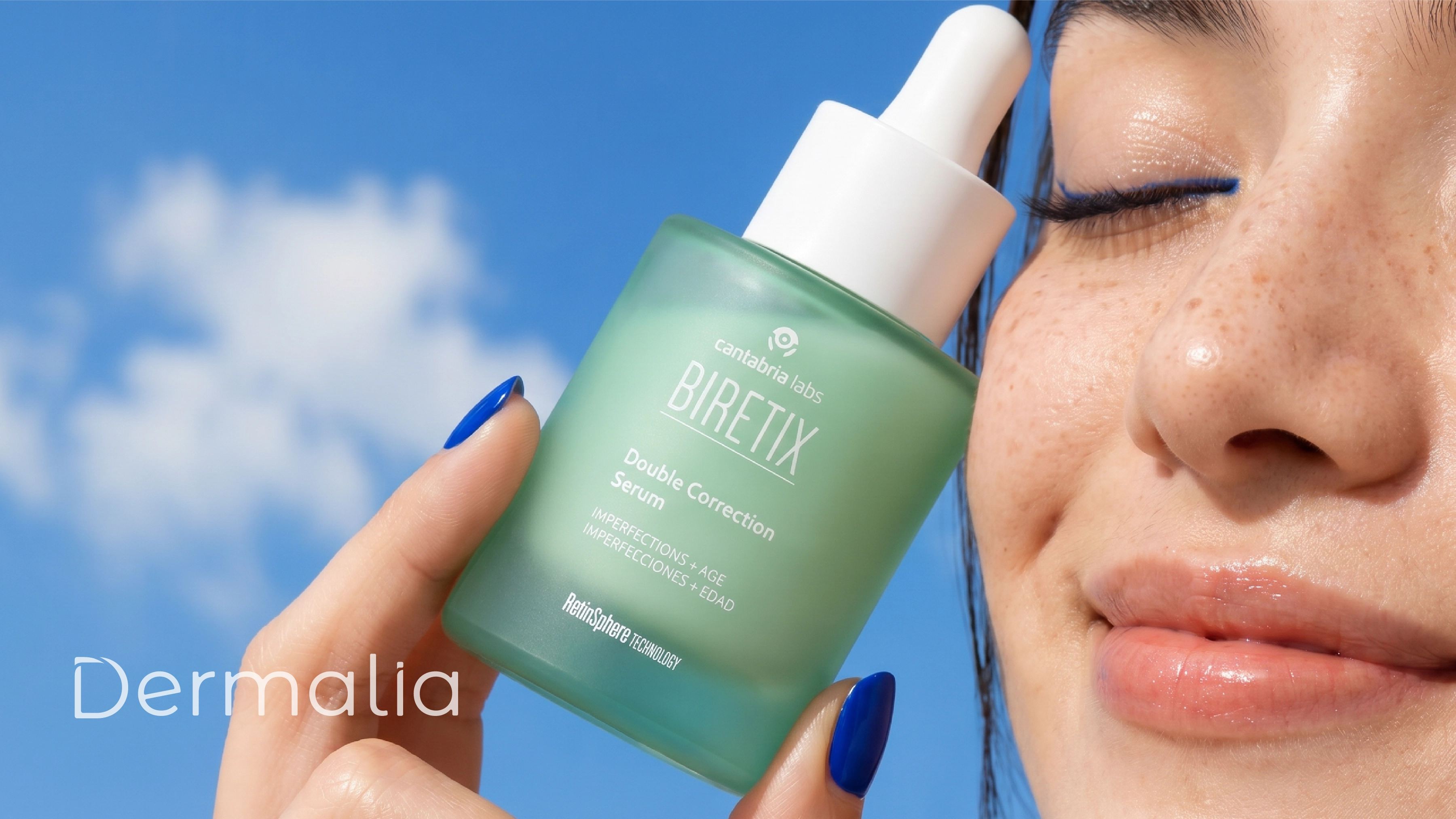Biretix Double Correction Serum junto a una mujer con imperfecciones leves en la piel, producto formulado para mejorar la apariencia de las imperfecciones y la textura cutánea.