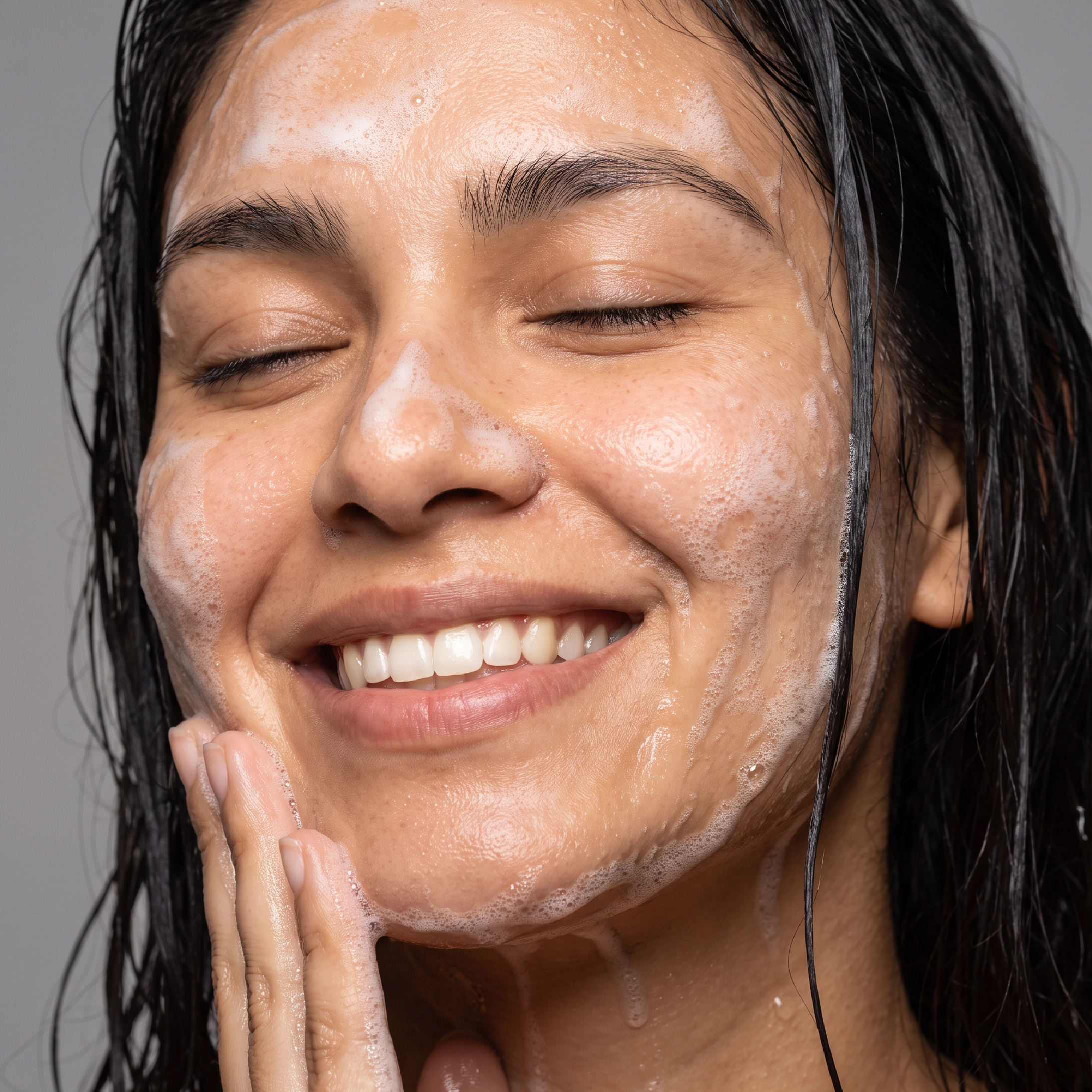 Mujer lavando su rostro con espuma limpiadora para piel grasa durante su rutina de limpieza facial.