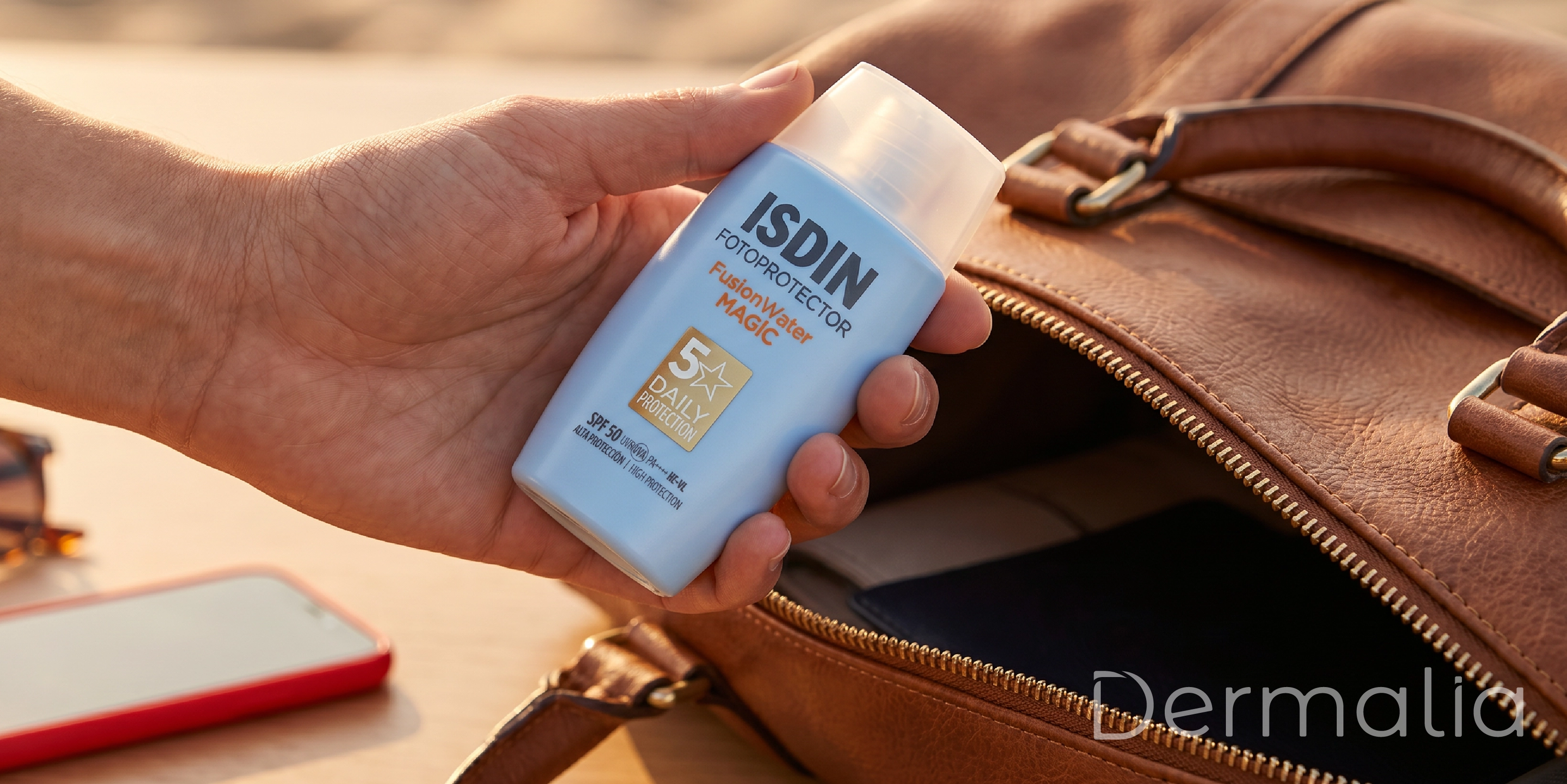 Protector solar ISDIN Fusion Water Magic FPS 50+ Protector solar ISDIN Fusion Water Magic FPS 50+ guardado en una mochila para usar durante actividades al aire libre.