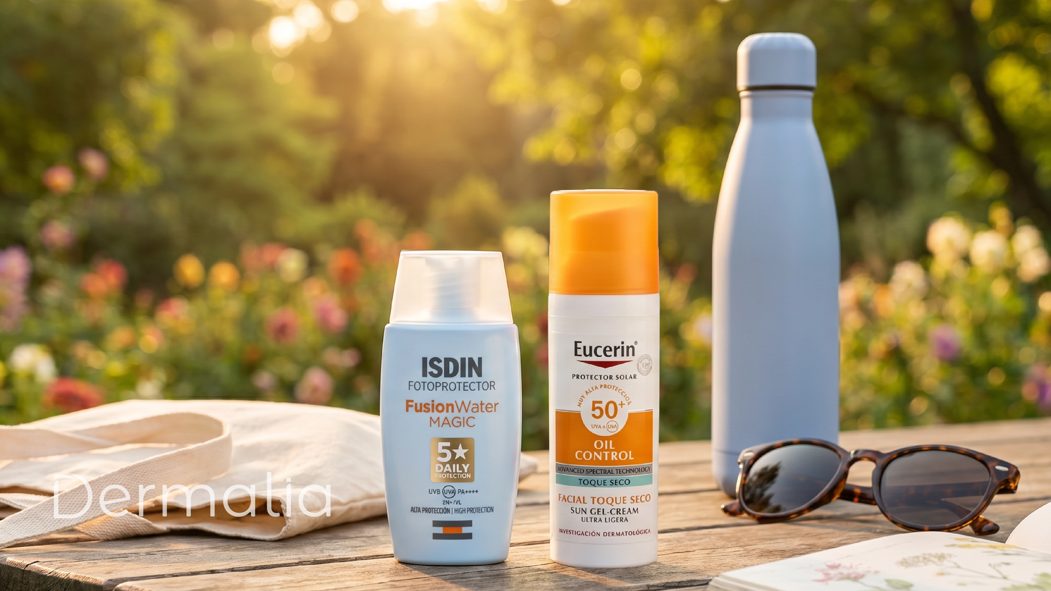 Protectores solares ISDIN Fusion Water Magic y Eucerin Oil Control FPS 50+ junto a accesorios para el cuidado de la piel en verano.