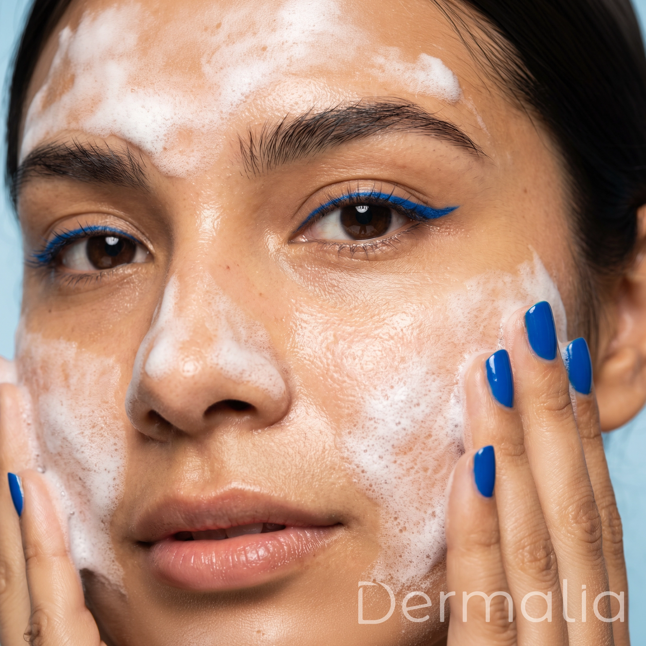 Persona aplicando un limpiador facial espumoso durante su rutina de limpieza para eliminar impurezas y cuidar la barrera de la piel.