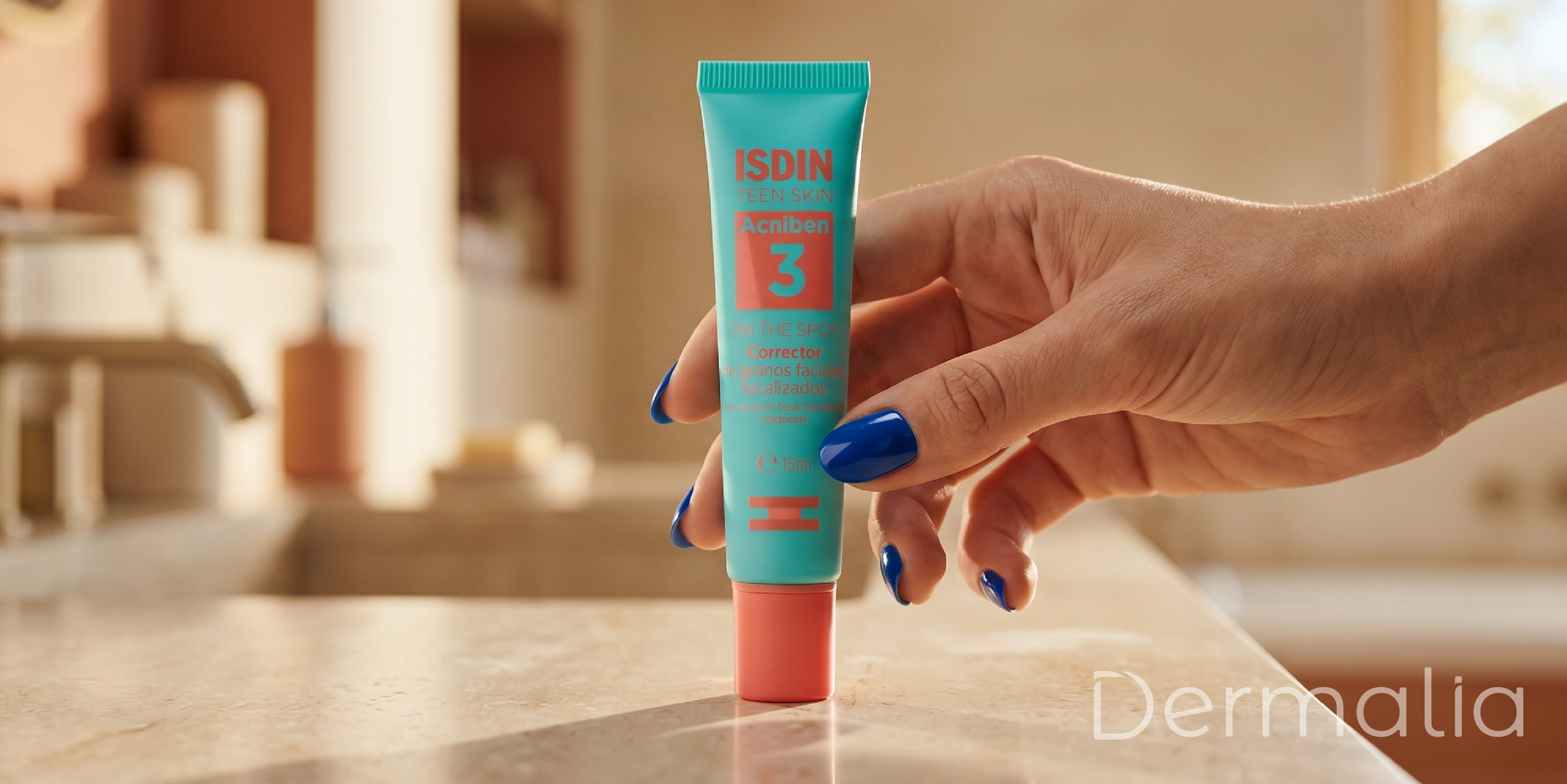Mano sosteniendo Acniben On The Spot Corrector de Granos Gel de ISDIN, tratamiento de secado rápido para granos localizados.